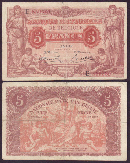 1919 Belgium 5 Francs L001187